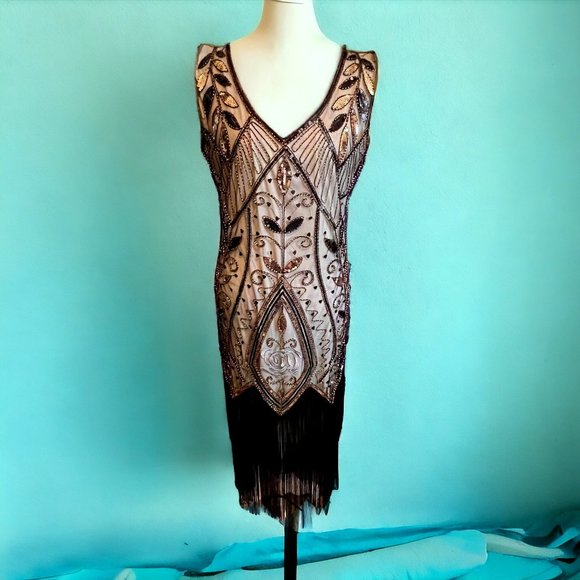 1920s Gatsby Inspired Rose and Leaves Sequin Flapper Dress (XL) - Picture 5 of 14